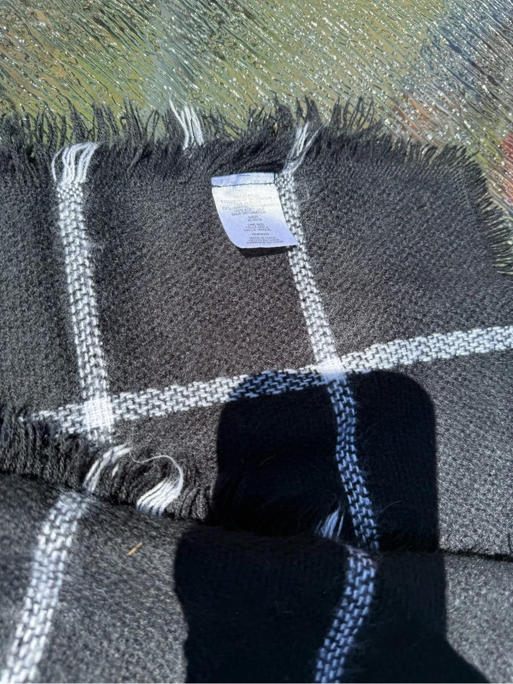 Black Windowpane Fringe Acrylic Scarf EUC
